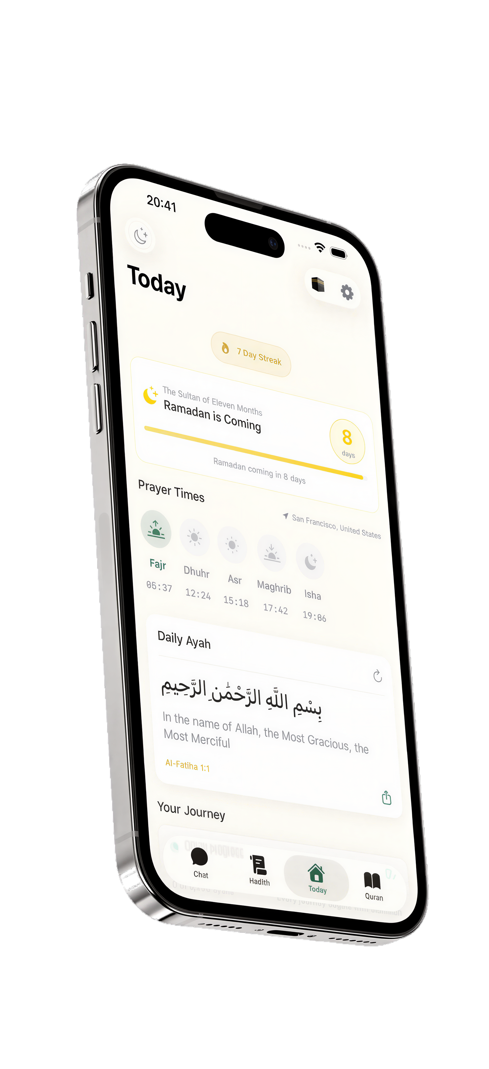 Kuran AI app showing prayer times, Ramadan countdown, and daily ayah